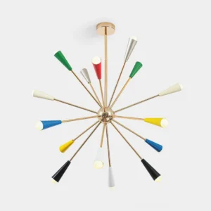Sputnik starburst chandelier front view with gold metal frame and multicolor cone shades on white background