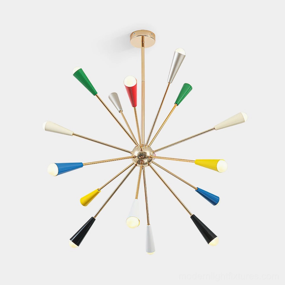Sputnik starburst chandelier front view with gold metal frame and multicolor cone shades on white background