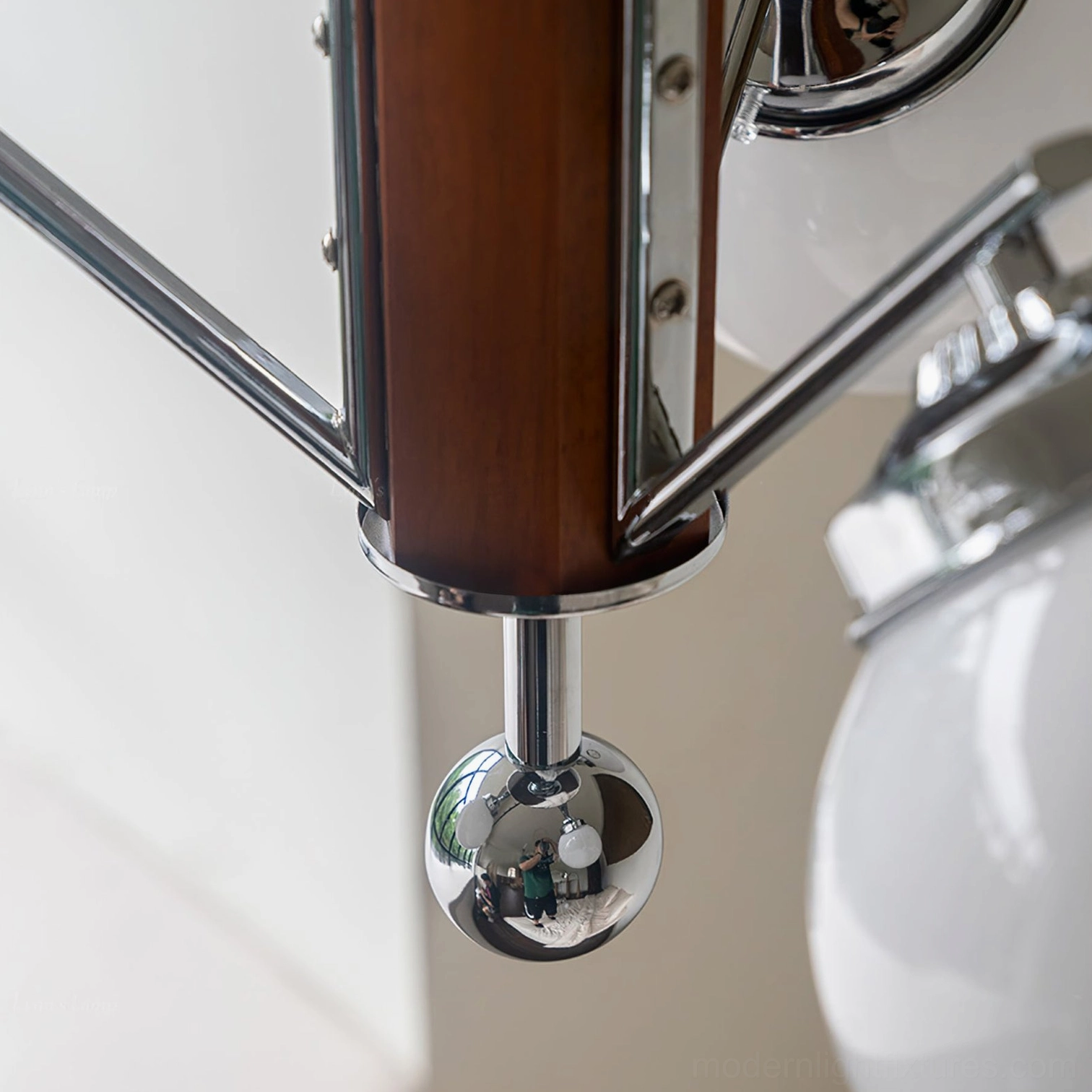 Sputnik chandelier full view, mid-century modern branching design, chrome metal frame walnut wood accents