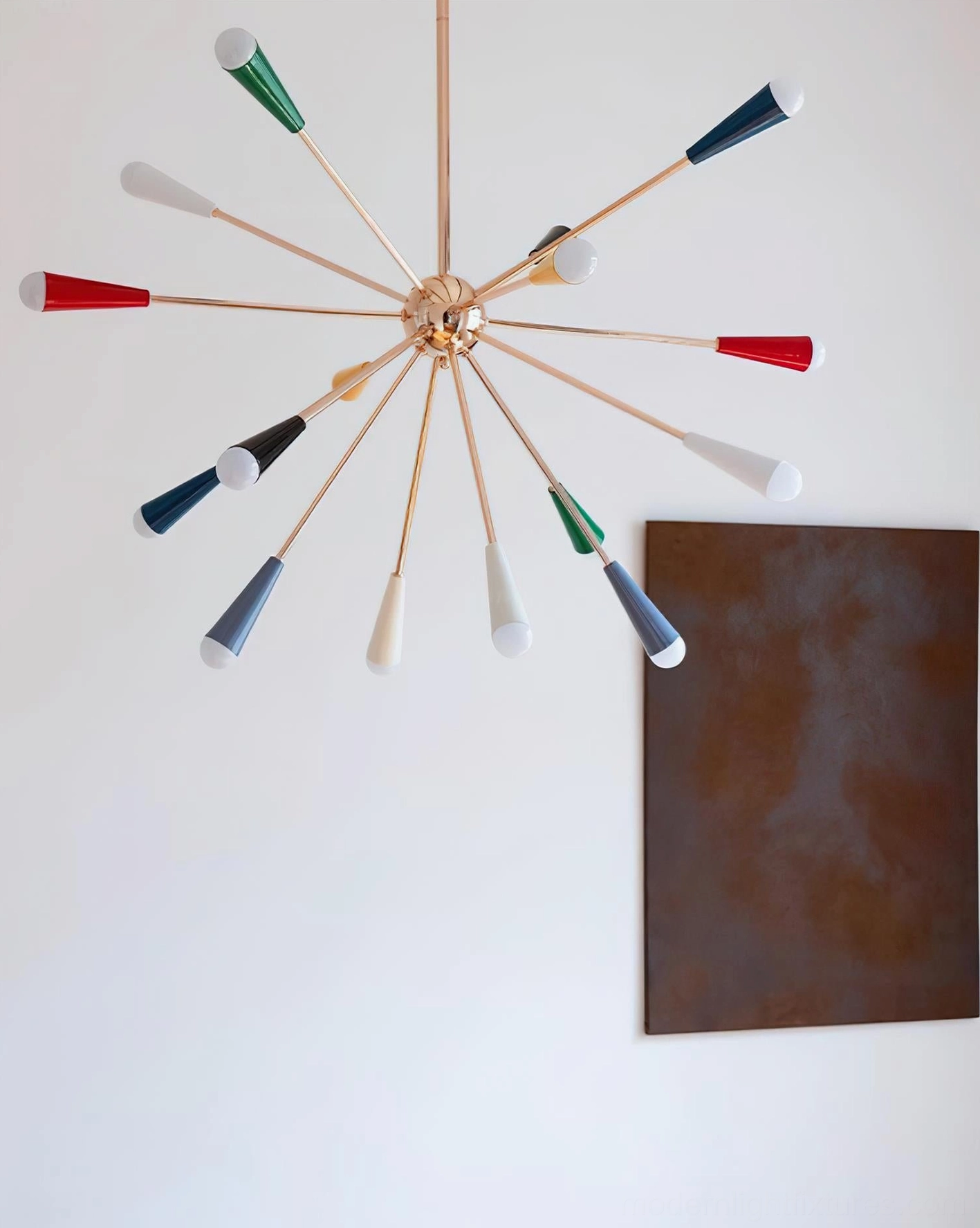 Sputnik modern chandelier with hardwired installation showing gold metal frame and multiple cone shades