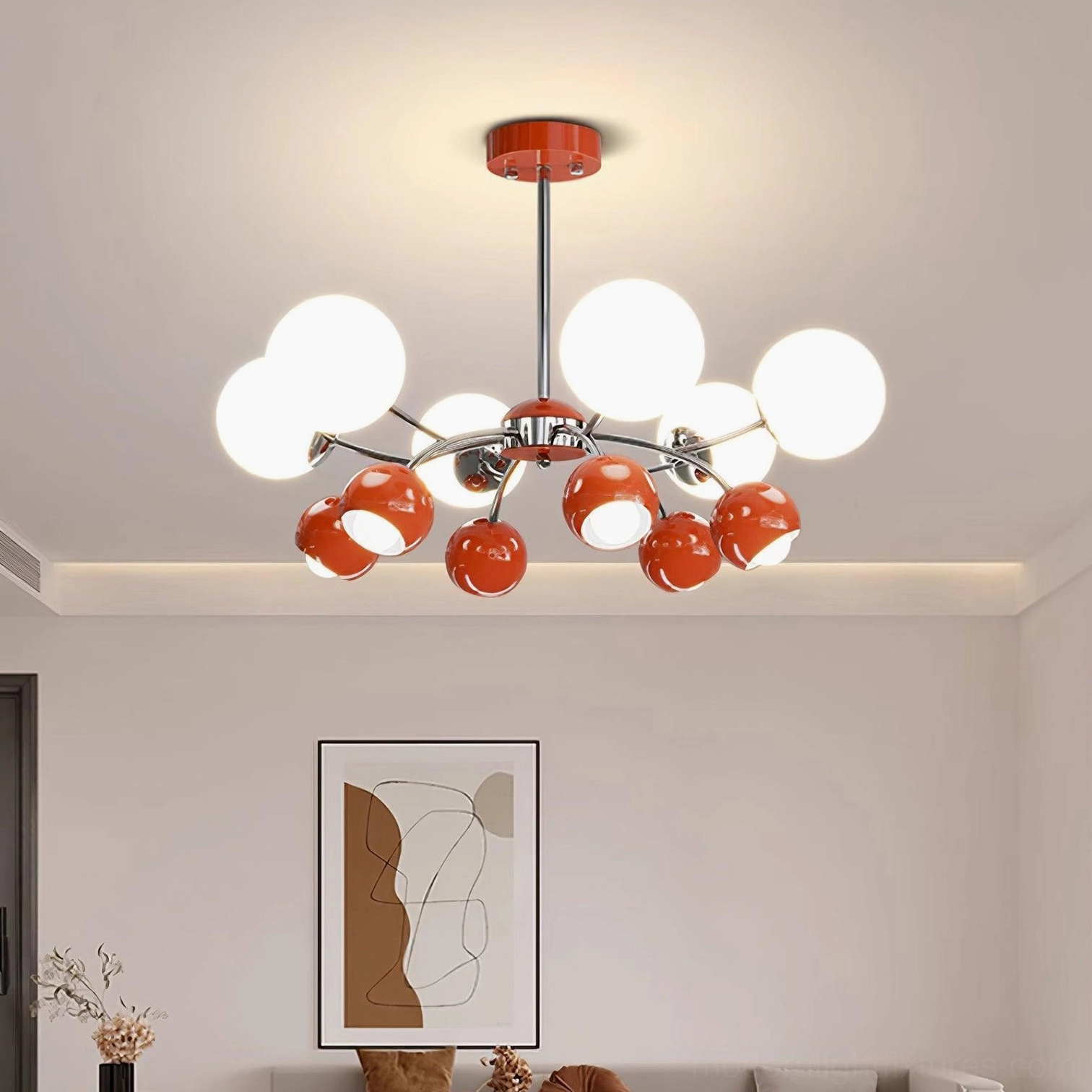 Sputnik pendant light fixture installed in minimalist living room, warm ambient lighting from frosted glass shades, chrome canopy detail