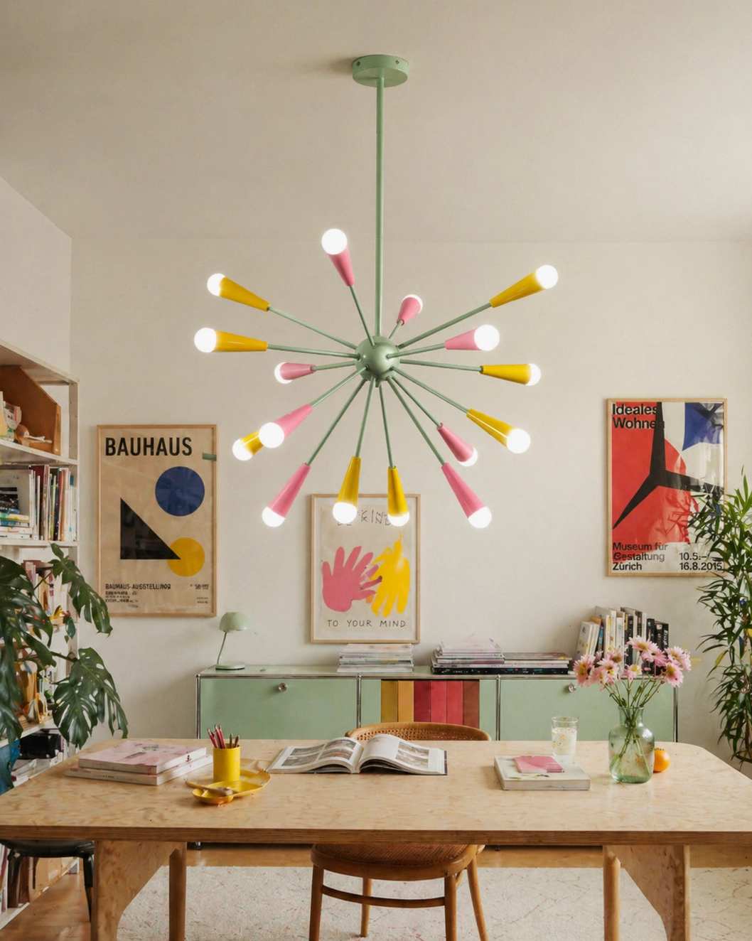 Mid-century modern sputnik pendant chandelier in home office, pastel green metal arms with colorful lamp heads, Bauhaus wall art and accent cabinet