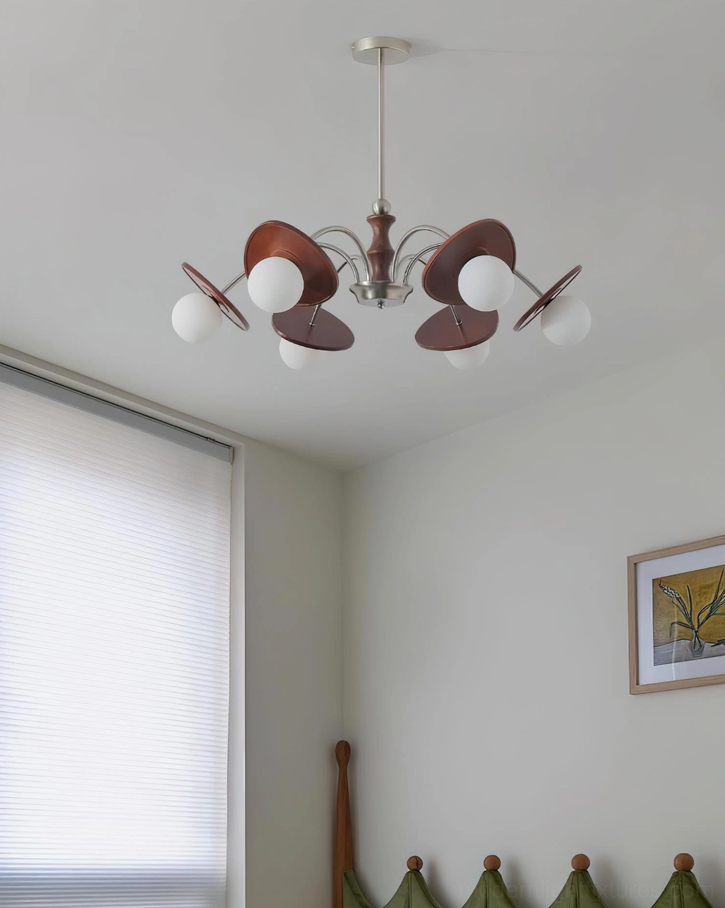 Ceiling-mounted sputnik chandelier in minimalist bedroom with window blinds and neutral wall tones