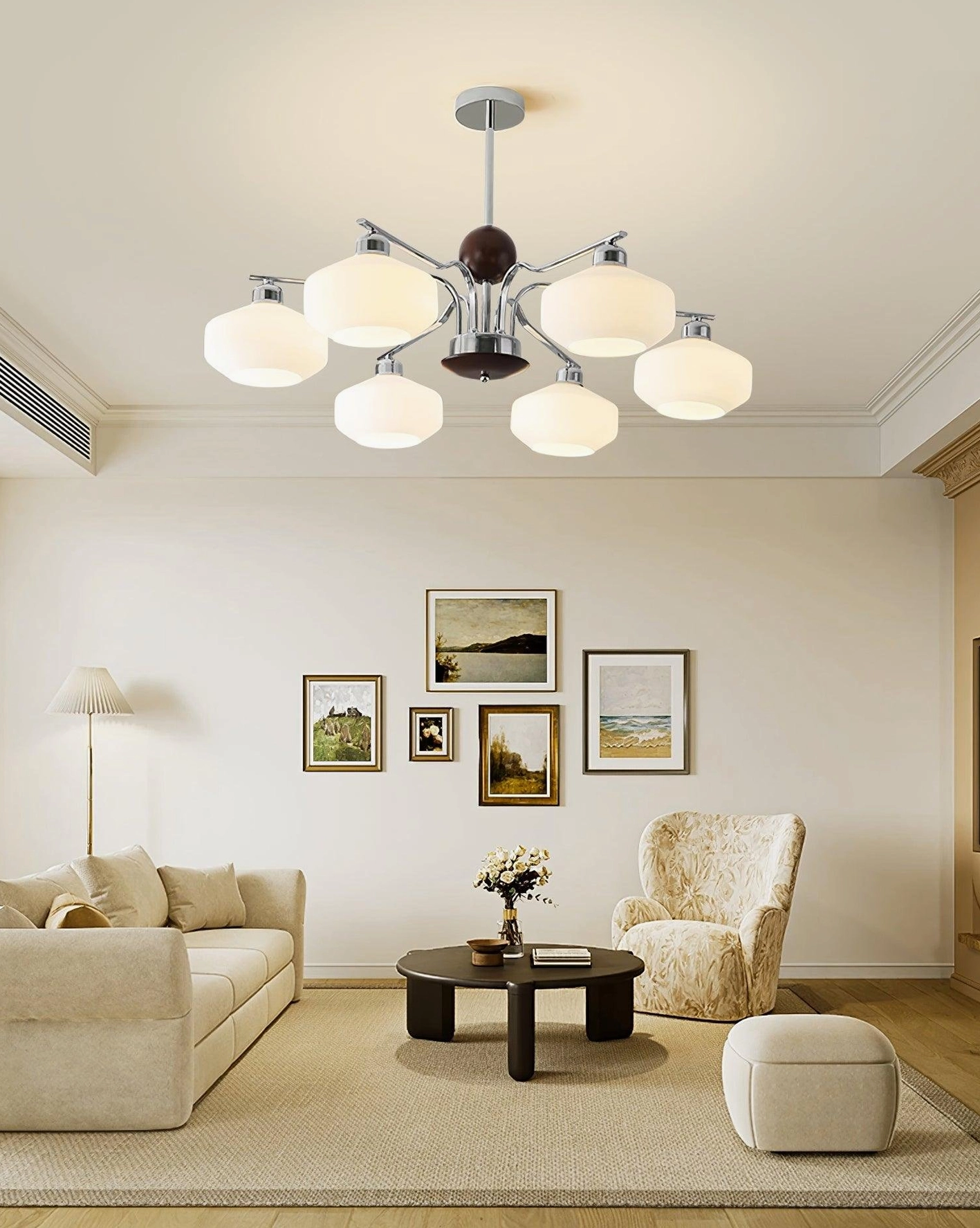 6-light retro sputnik chandelier in minimalist bright living room with chrome and wood frame
