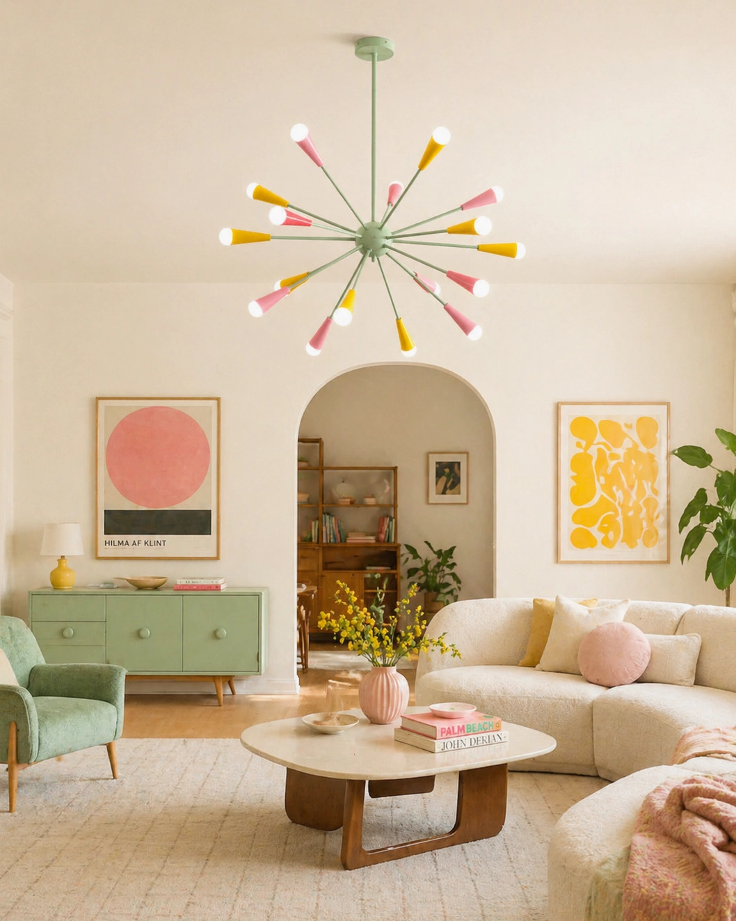 Modern retro sputnik pendant light in cozy living room, curved linen sofa, green accent cabinet, minimalist mid-century artworks, atmospheric lighting