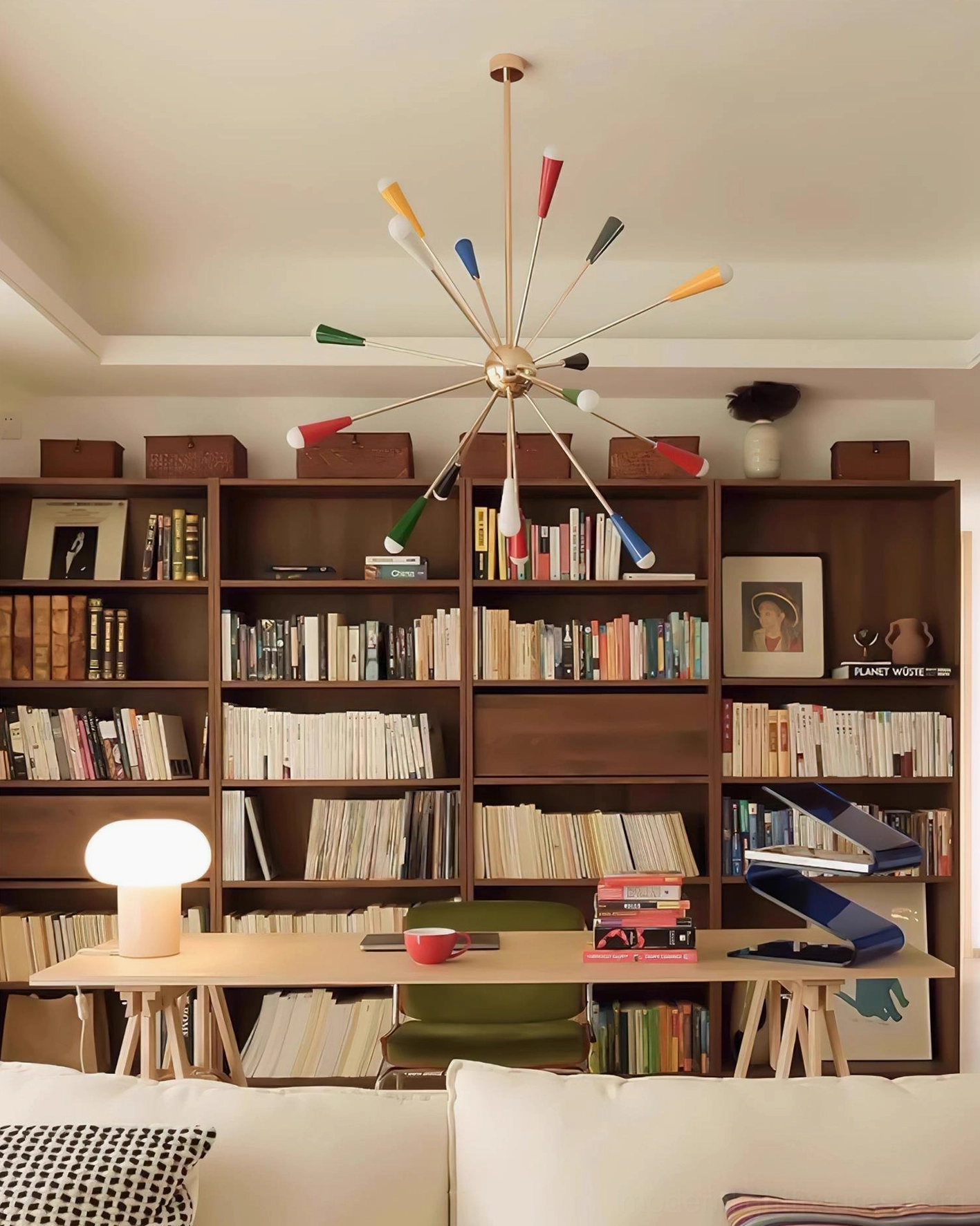 Sputnik burst chandelier overhead view showing radial arm structure and cone shade arrangement