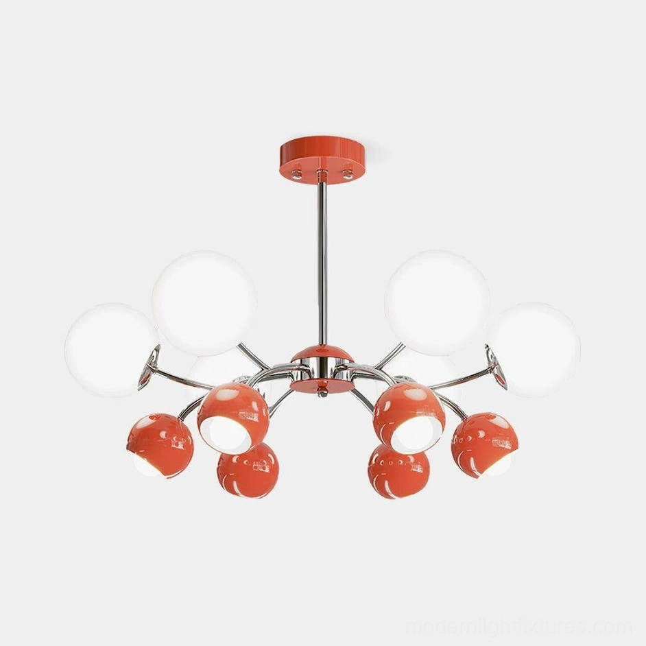 Modern Sputnik chandelier with dual-tone red and white frosted glass globe shades on chrome metal frame, flat lay product photography