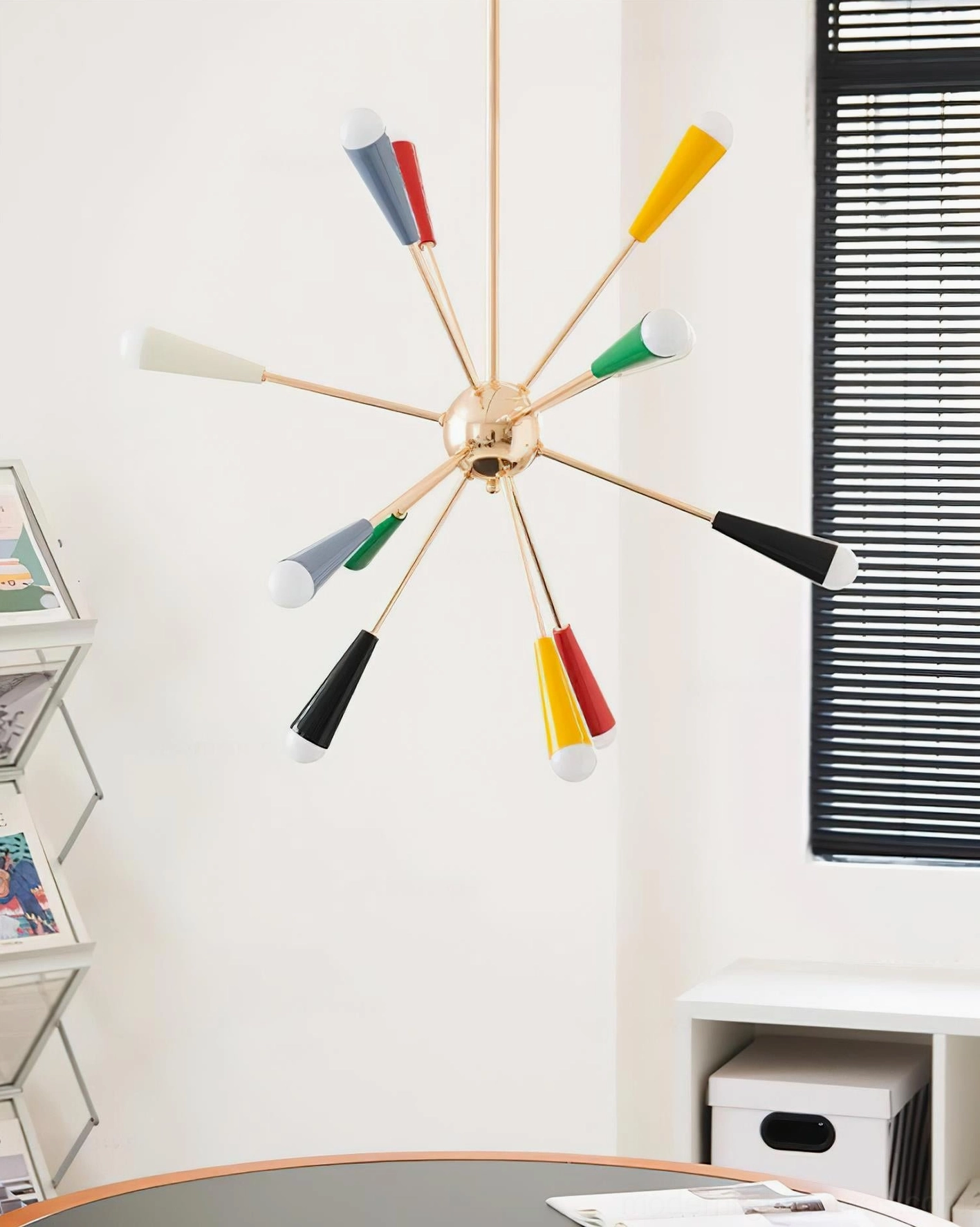Sputnik burst chandelier in Scandinavian modern interior blending retro design with contemporary aesthetics