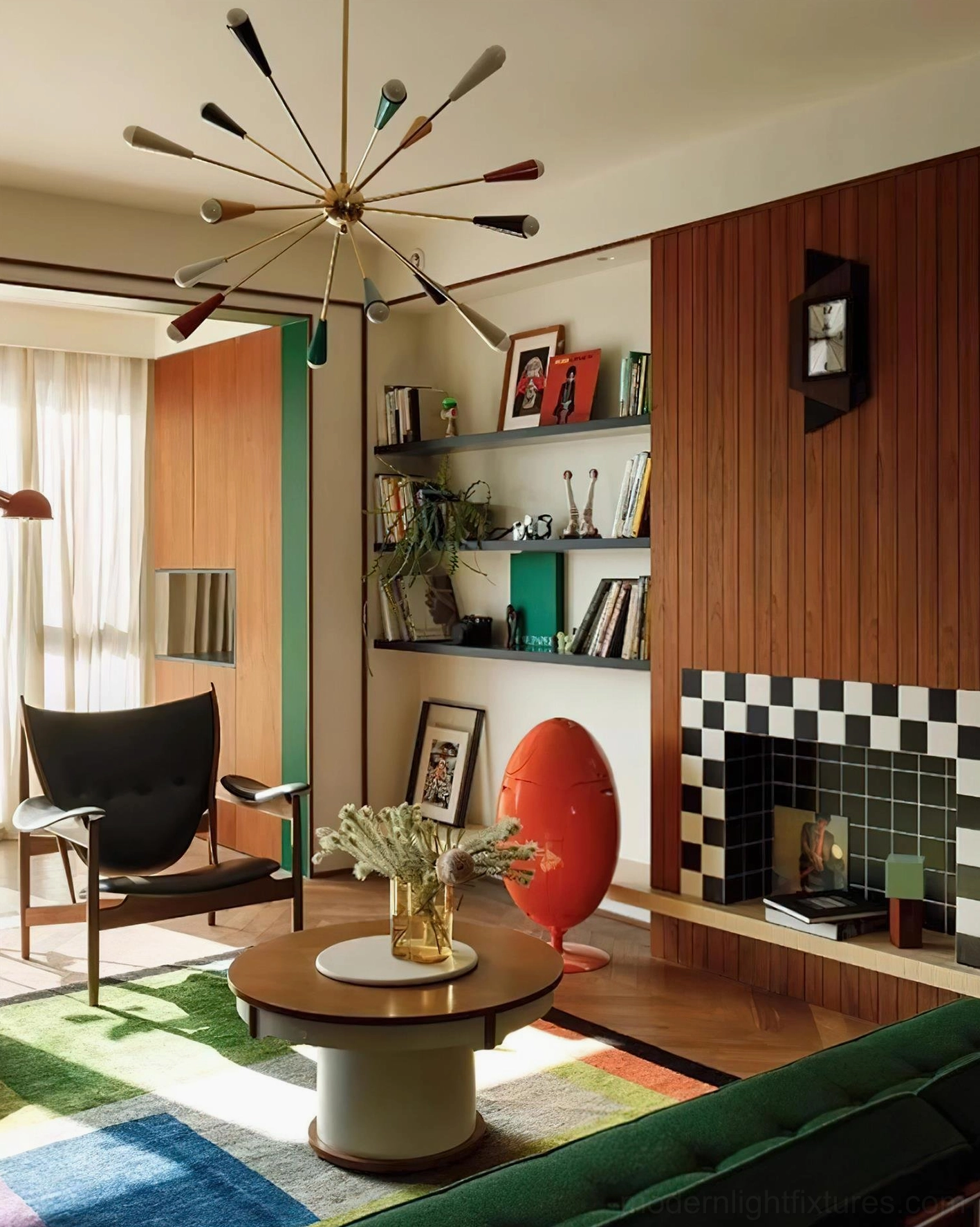 Sputnik starburst chandelier side profile emphasizing polished metal finish and cone-shaped lamp heads