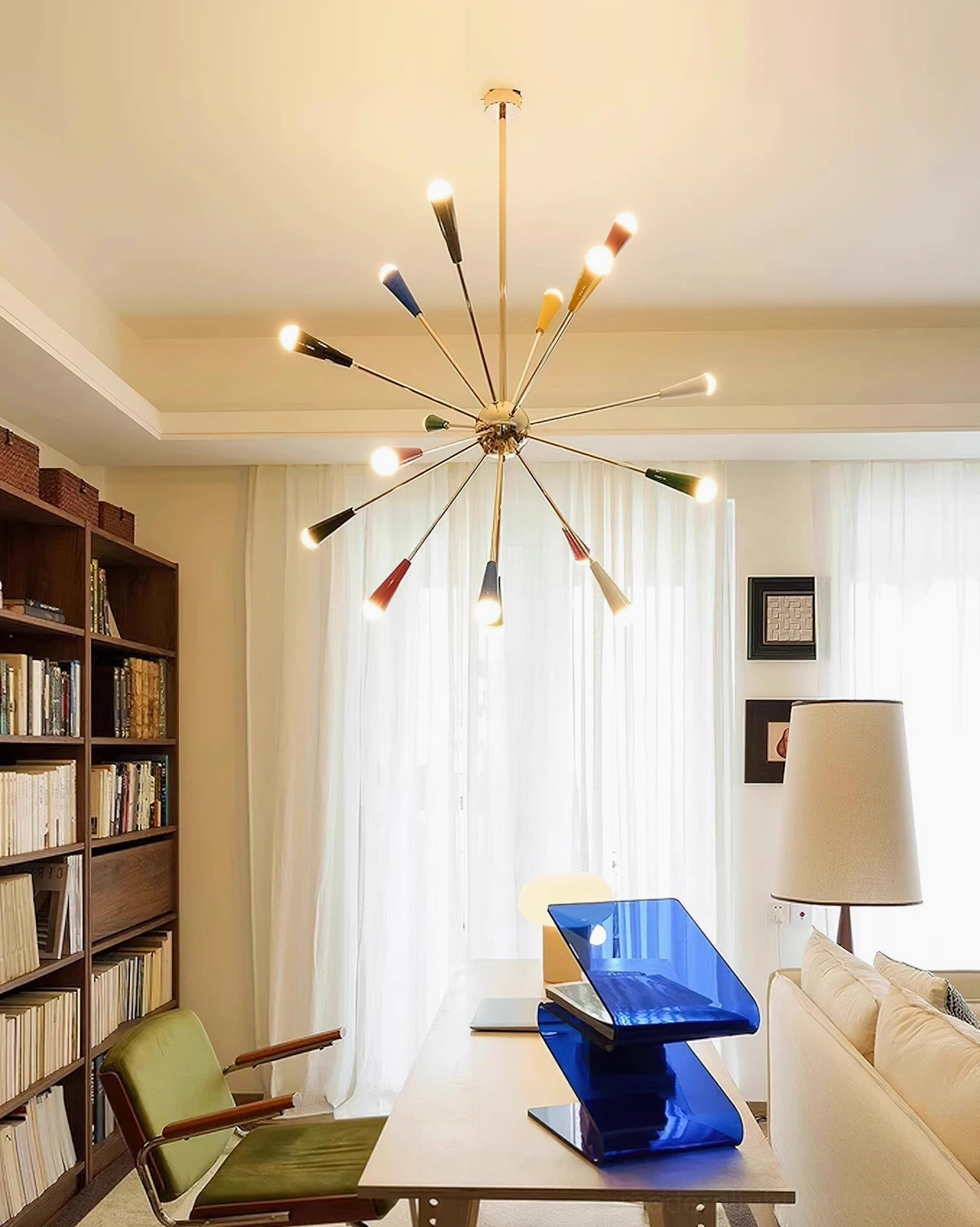 Sputnik modern chandelier side angle showing symmetrical burst pattern and polished gold finish