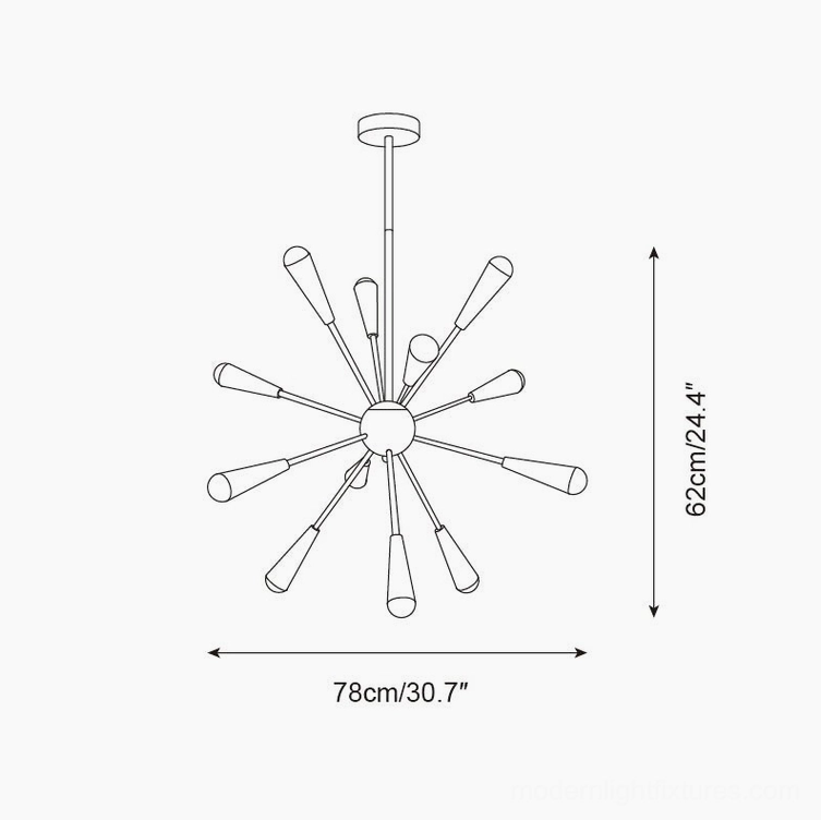Sputnik chandelier technical drawing 12 head model dimensions 78cm width 62cm height