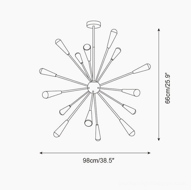 Sputnik chandelier technical line drawing 16 head model dimensions 98cm width 66cm height