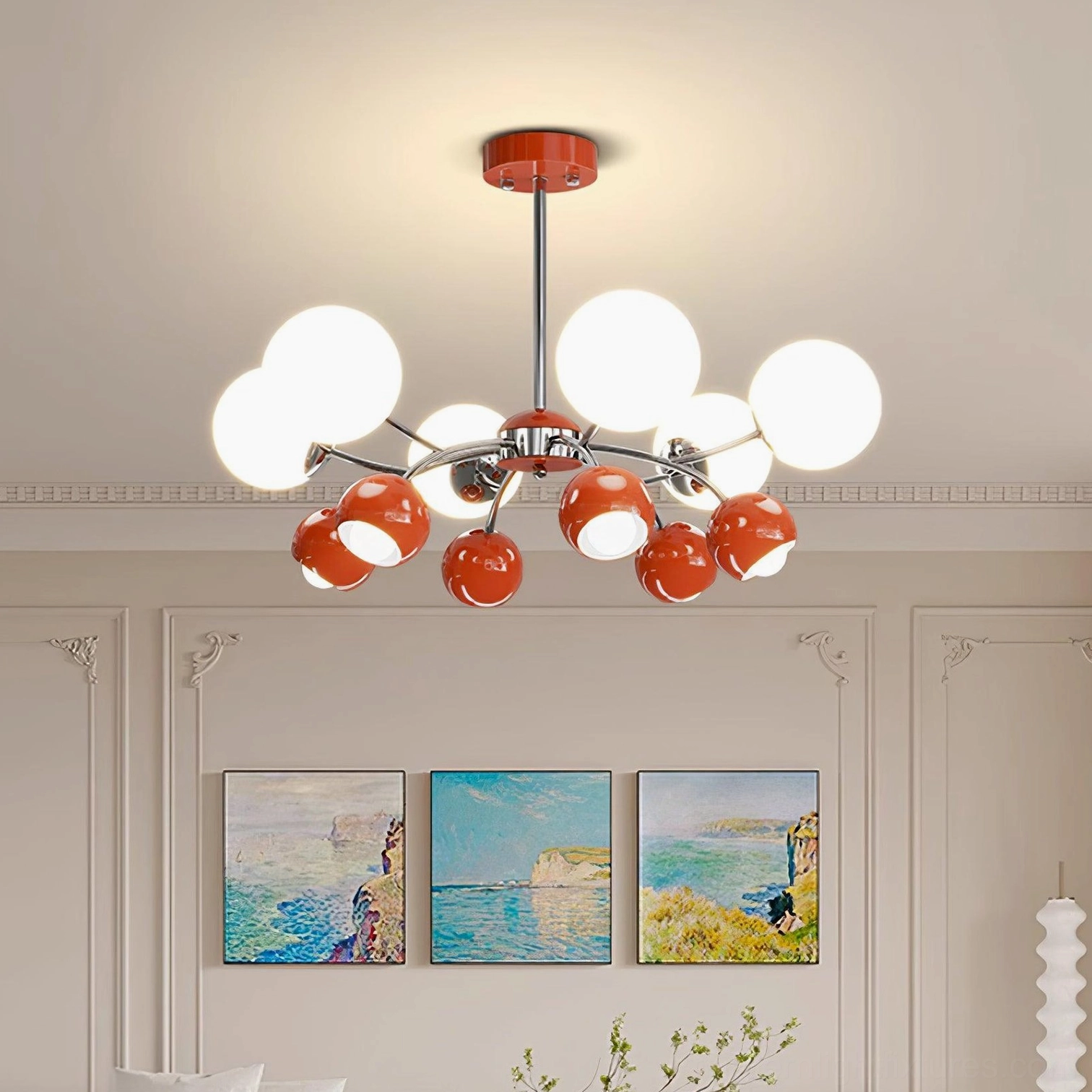 Sputnik chandelier lighting effect in room, showing warm illumination from frosted glass globe shades