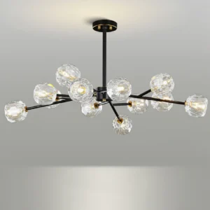 Contemporary brass sputnik pendant light with hand-polished faceted crystal shades, front view