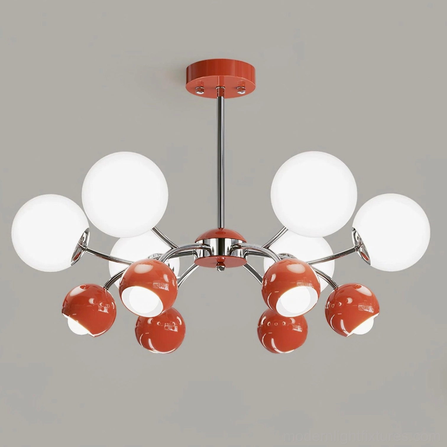 Sputnik globe chandelier mid-century modern style, chrome metal frame with multiple frosted glass shade arms