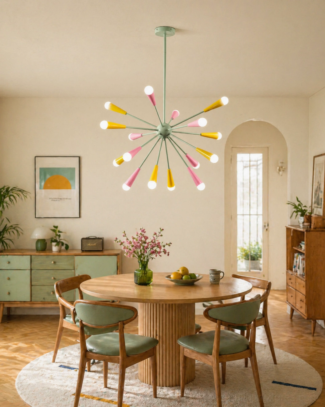 Retro sputnik starburst chandelier above round wooden dining set, warm neutral decor palette, yellow and pink pendant lamp heads creating atmospheric glow