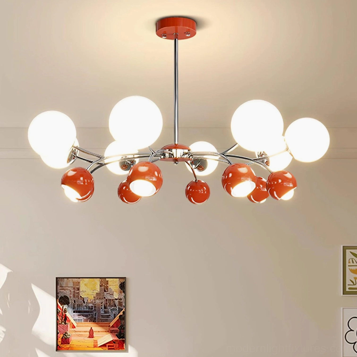 Modern Sputnik pendant chandelier installation in contemporary home, showing hanging rod and canopy mounting details