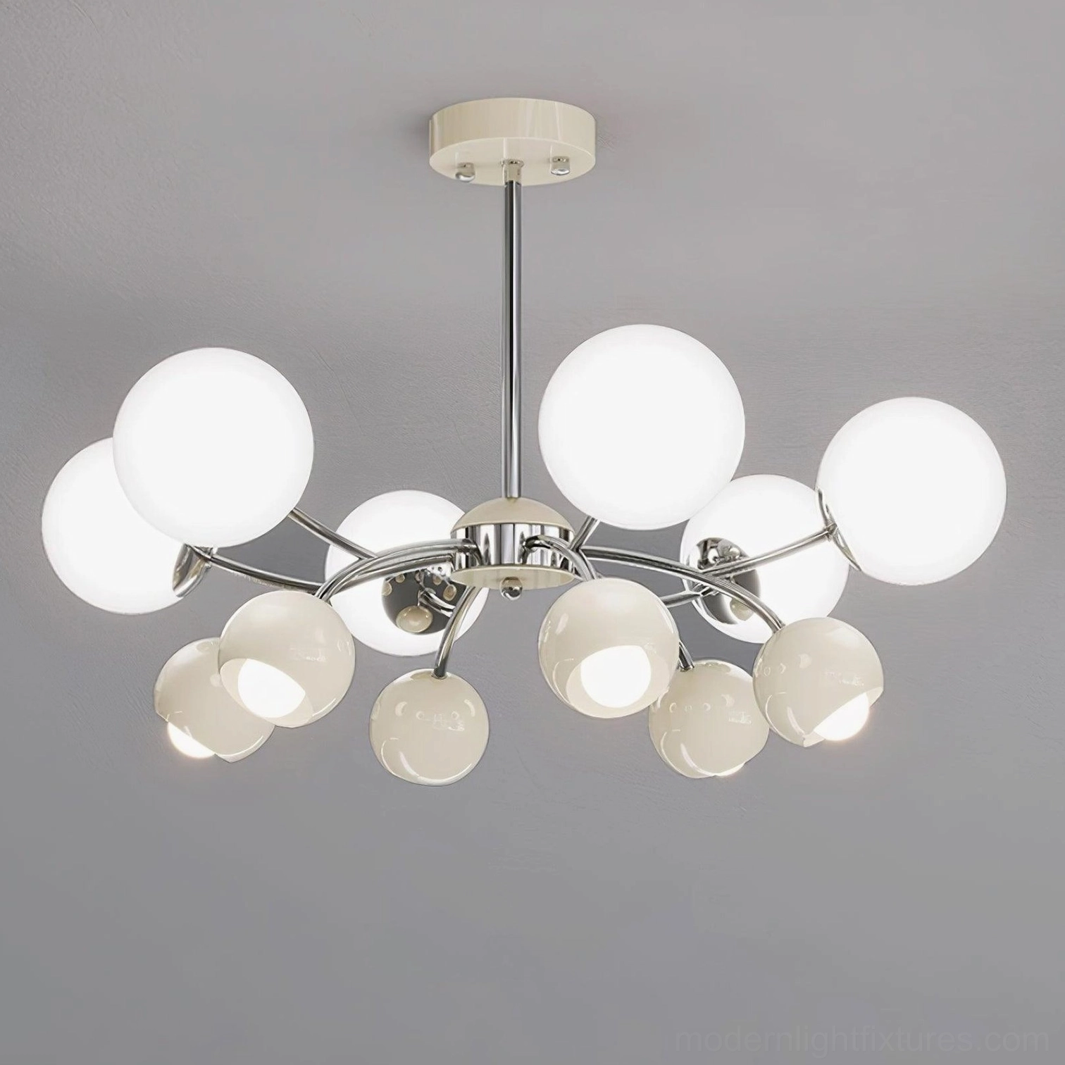 Full room view of Sputnik pendant chandelier as focal point in modern living and dining space