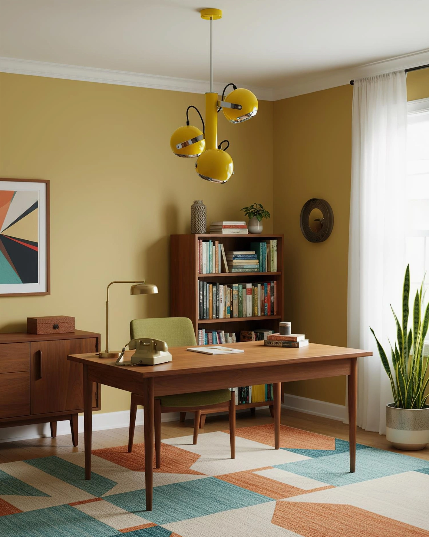 Sputnik pendant light illuminated showing three-shade orbital design and glow effect