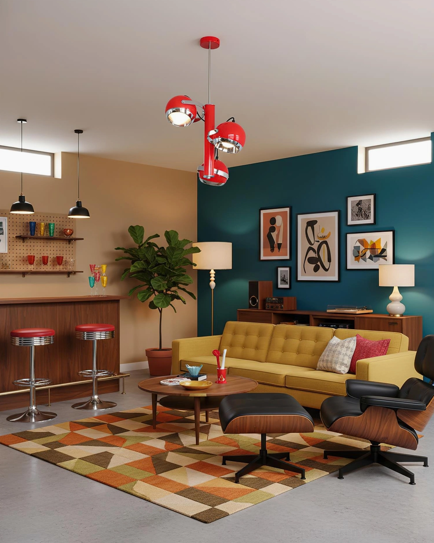 Red and yellow Sputnik pendant lamp color options comparison in studio lighting