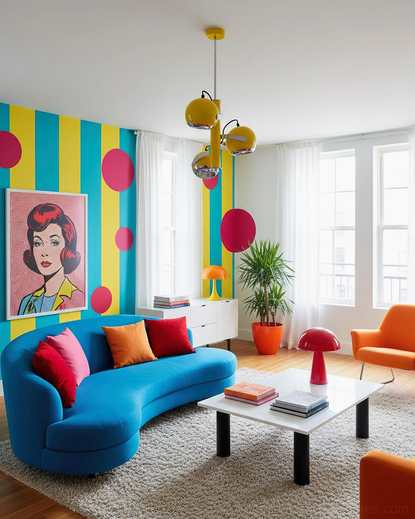 Sputnik mid-century modern pendant lamp showing central column and hanging hardware