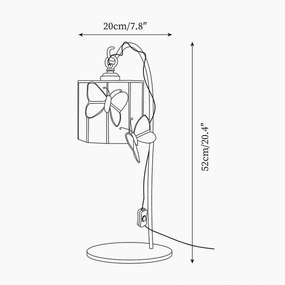 Technical line drawing of square stained glass butterfly table lamp with size measurements