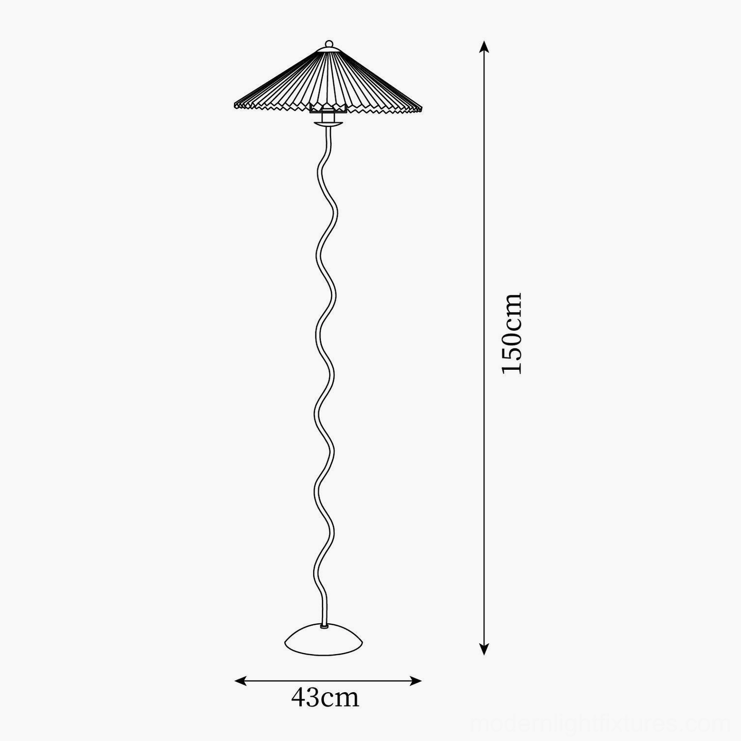 Technical schematic diagram of squiggle wave floor lamp - product specifications showing 150cm height and 43cm shade diameter