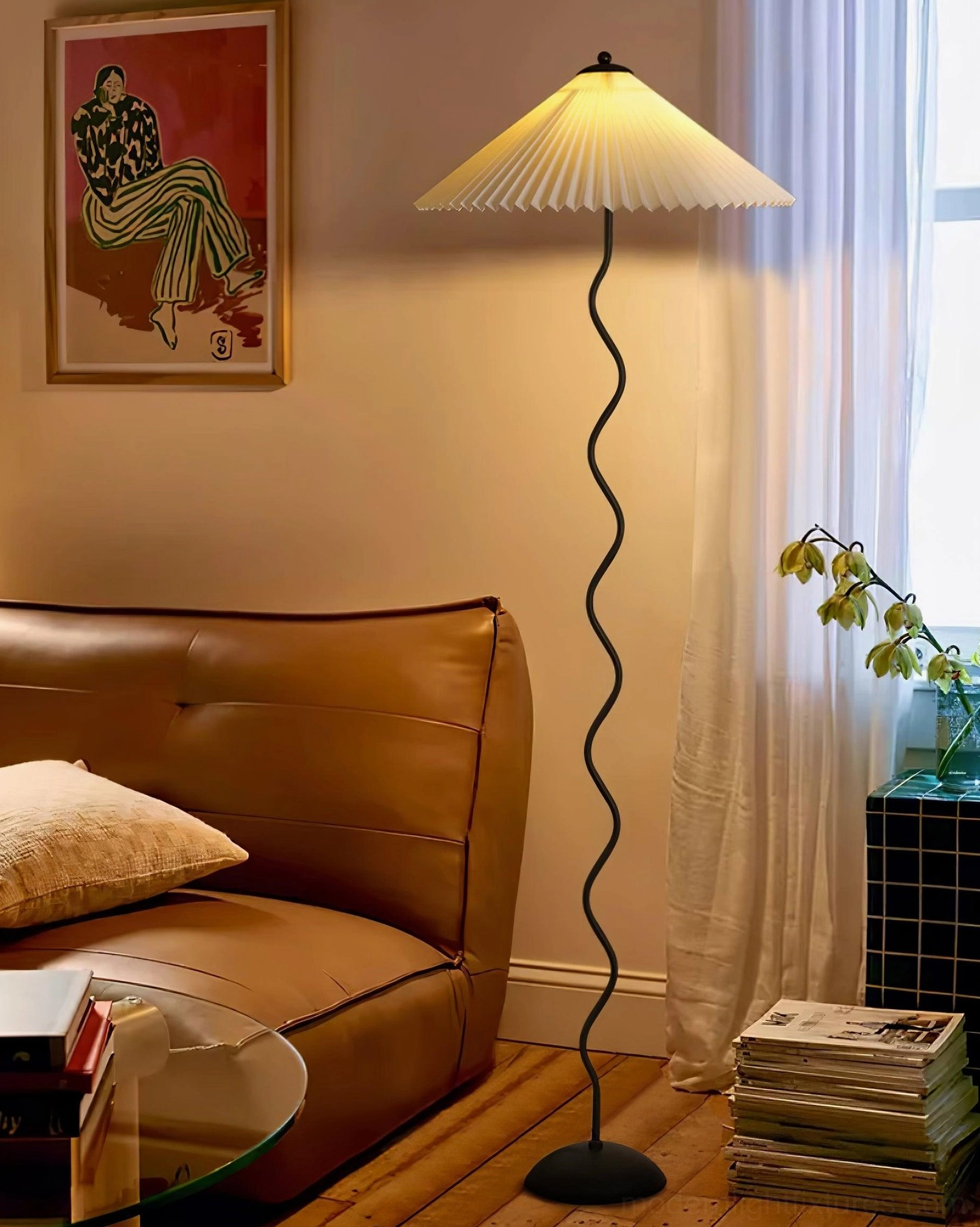 Sculptural squiggle lamp with pleated shade detail - handcrafted modern floor lighting with artistic form