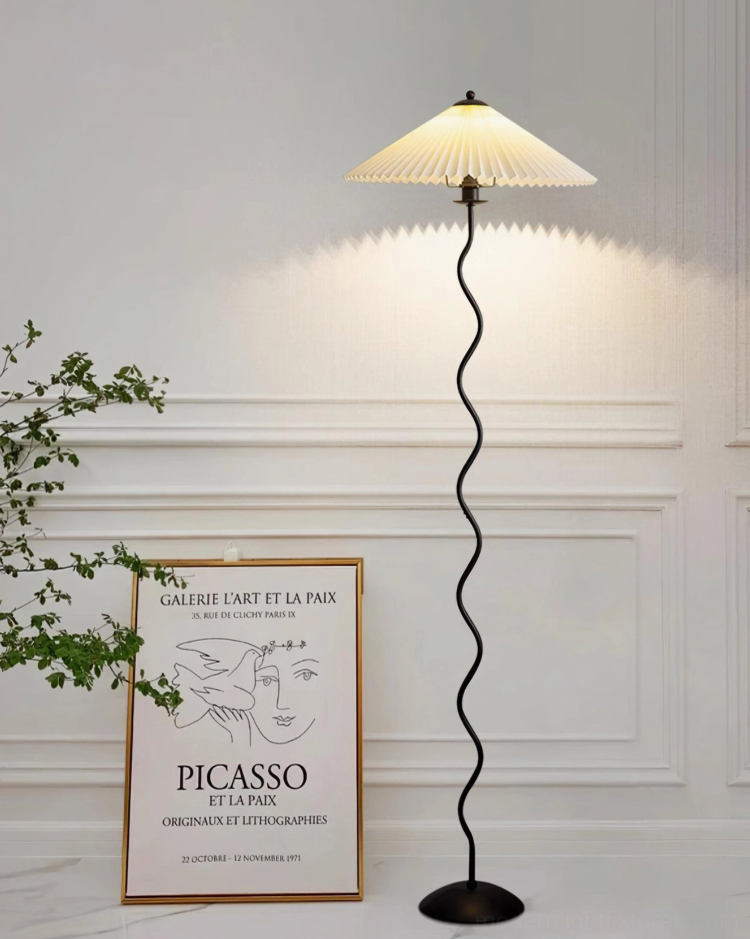 Squiggle wave floor lamp full product view - sculptural modern lighting design with pleated fabric shade