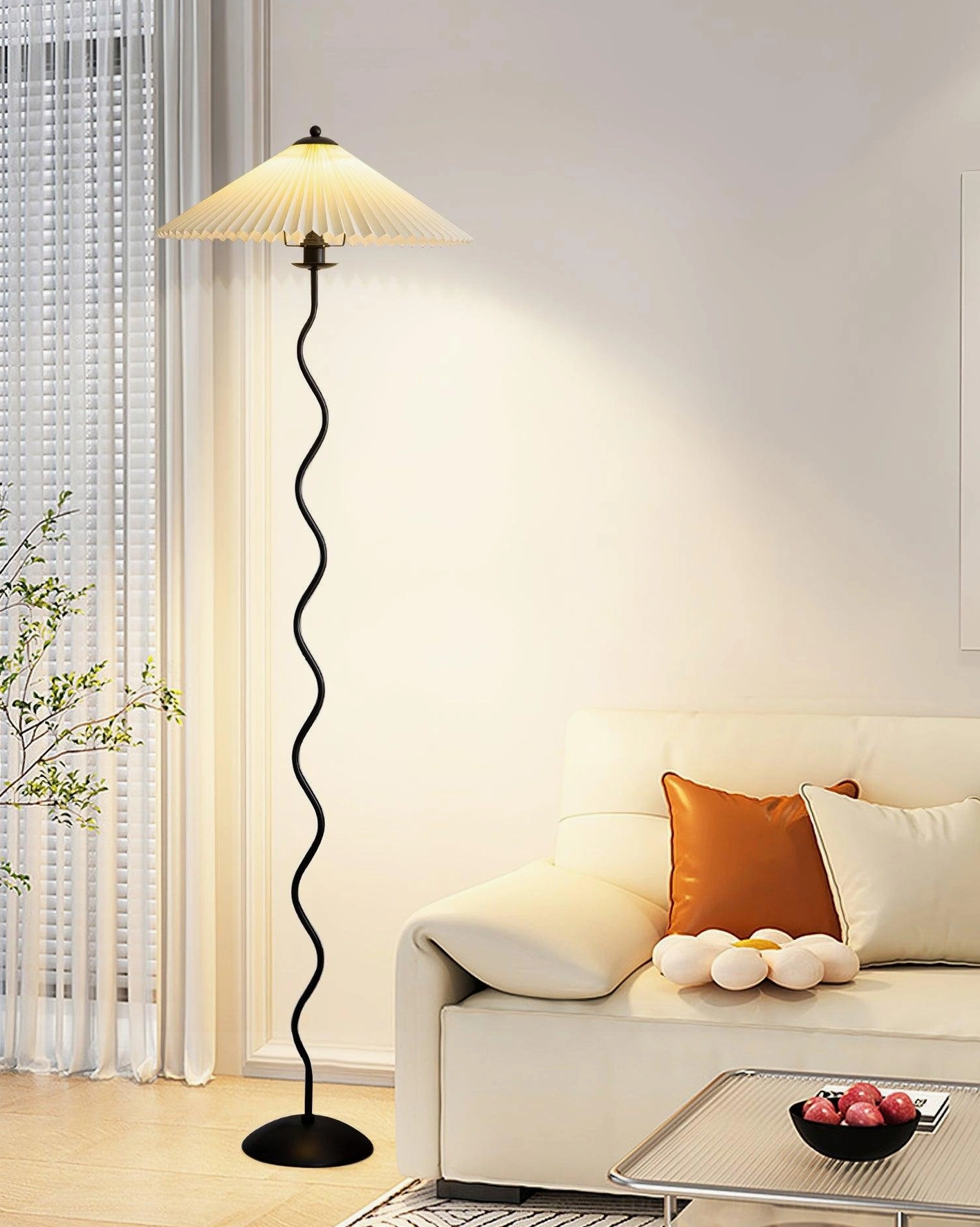 Squiggle wave floor lamp in minimalist modern interior - clean contemporary design lighting fixture