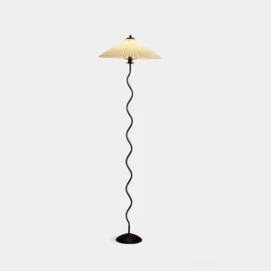 Squiggle wave floor lamp with pleated shade in beige - modern sculptural floor lighting design on white background