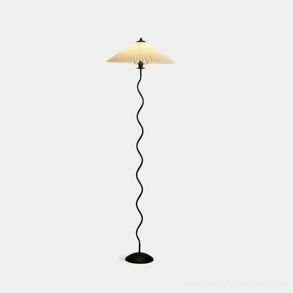 Squiggle wave floor lamp with pleated shade in beige - modern sculptural floor lighting design on white background