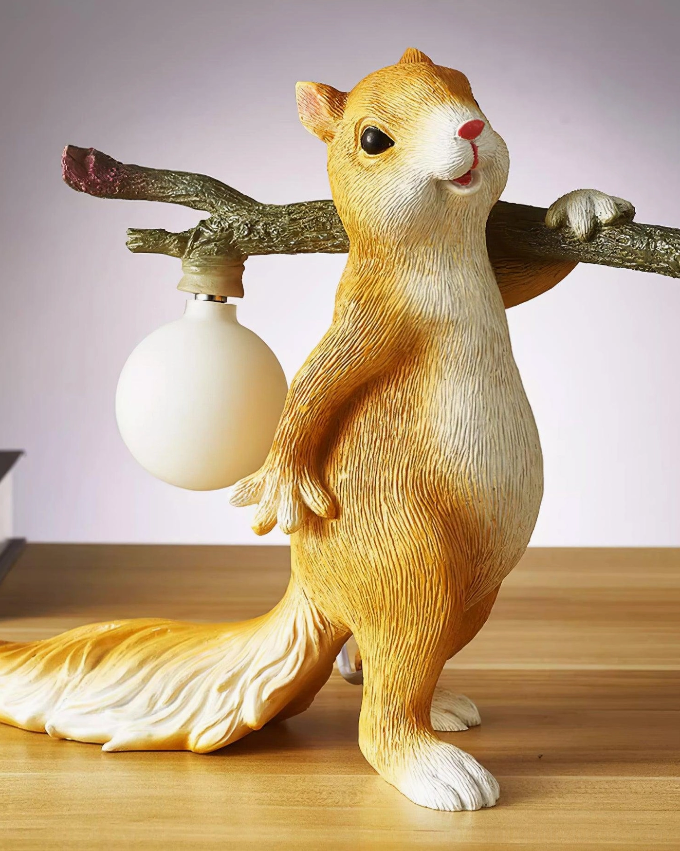 Decorative squirrel lamp showing dimmer switch compatibility, adjustable ambient lighting solution