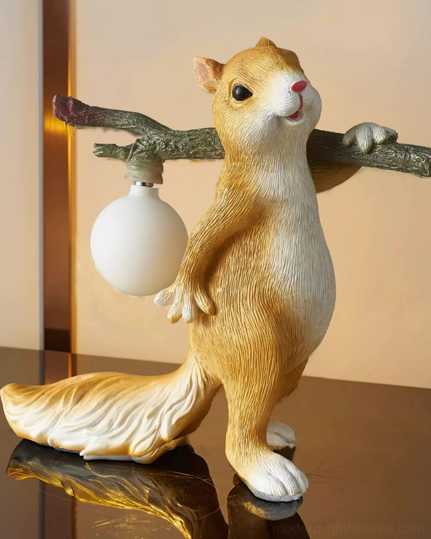 Squirrel table lamp in mid-century modern setting, playful animal form complementing vintage aesthetic