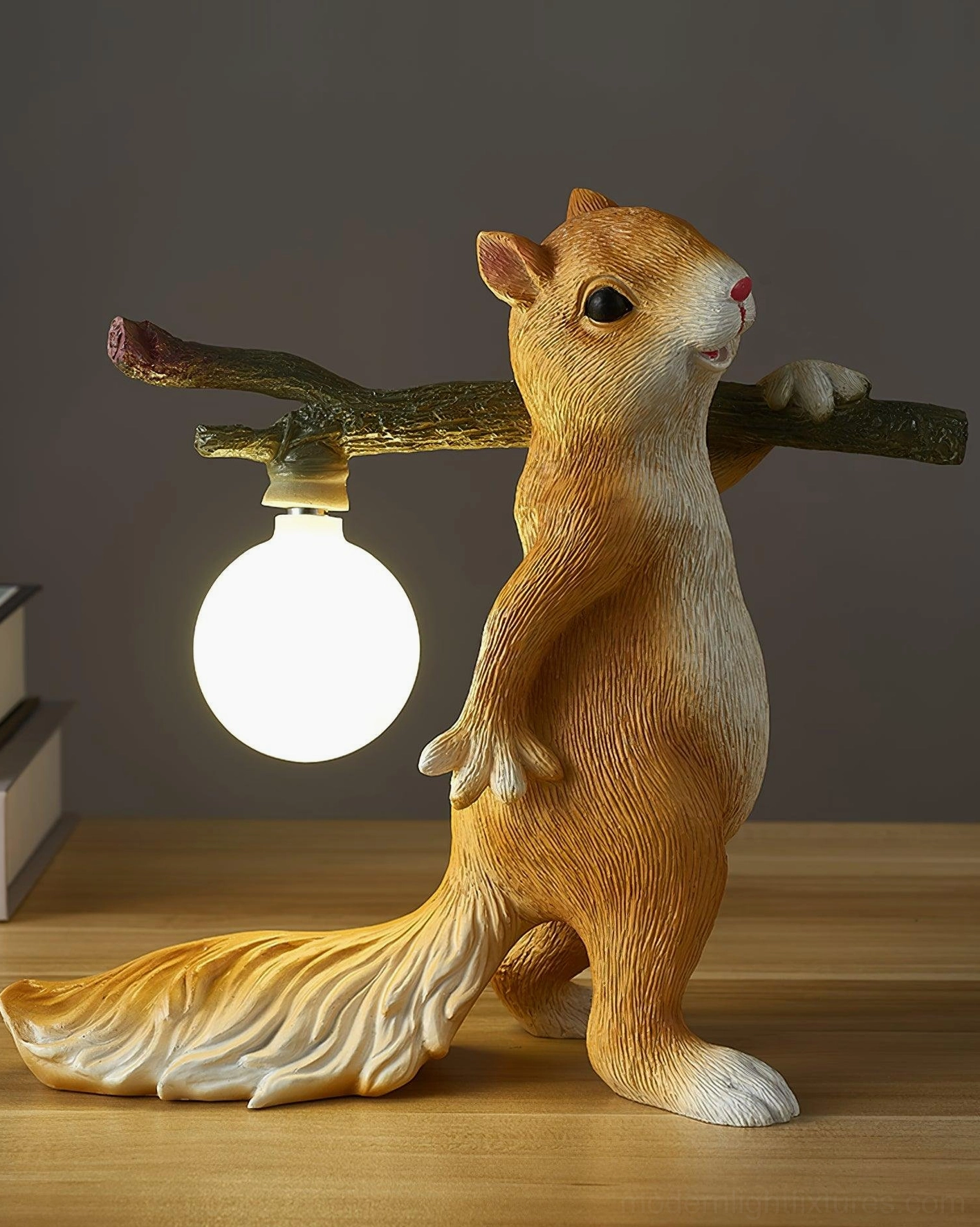 Whimsical squirrel table lamp with frosted bulb, modern decorative lighting fixture for bedroom or living room