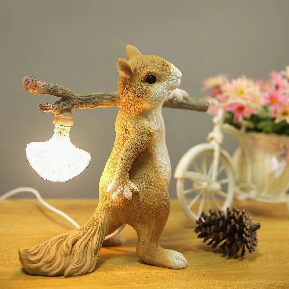 Whimsical squirrel resin lamp showing fine craftsmanship details, premium quality table lighting