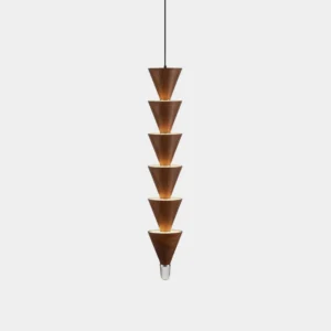 Stacked cone pendant light with walnut wood finish and integrated LED bands, front studio view