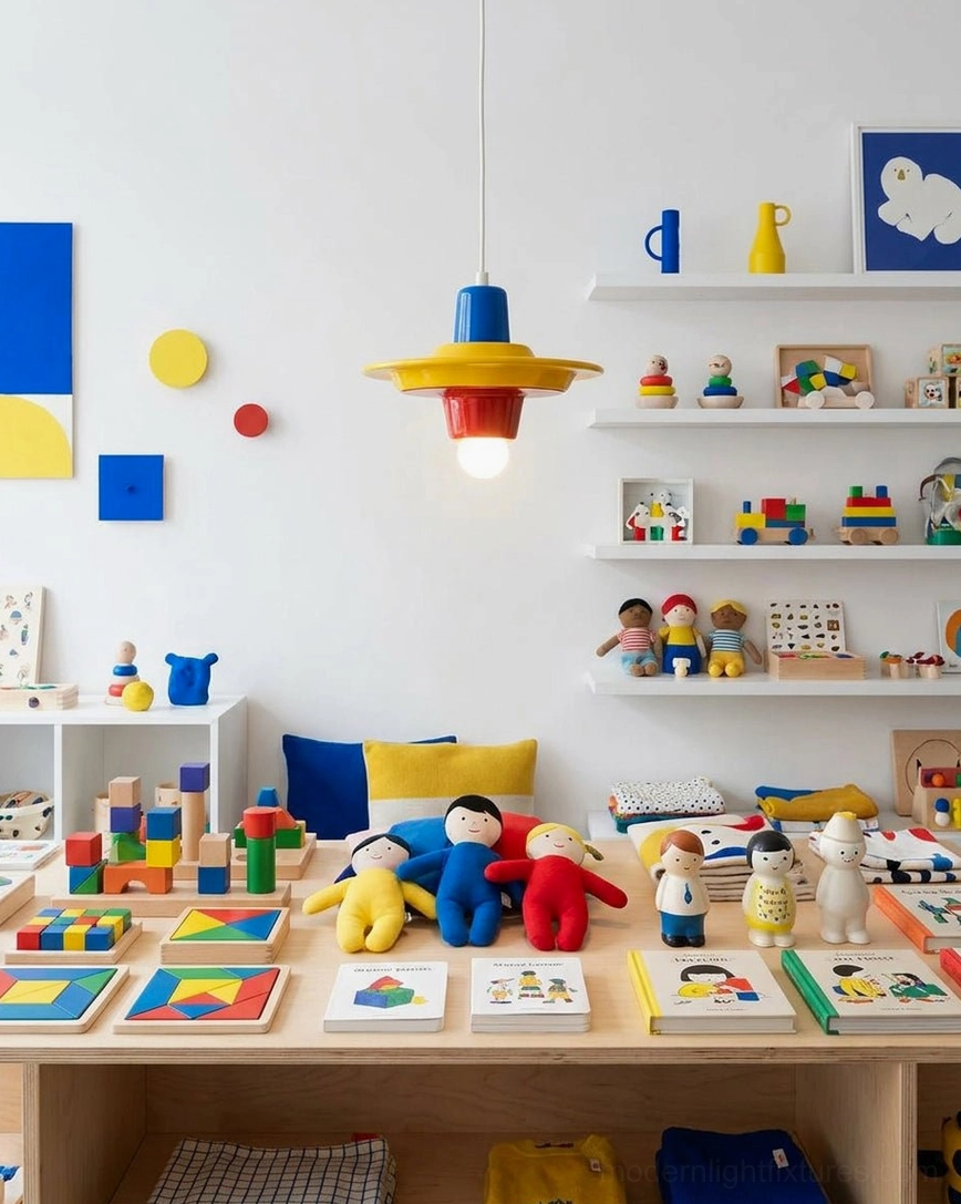 Memphis design-inspired stacked disc pendant in vibrant kids art playroom, geometric matching wall decor, colorful creative space