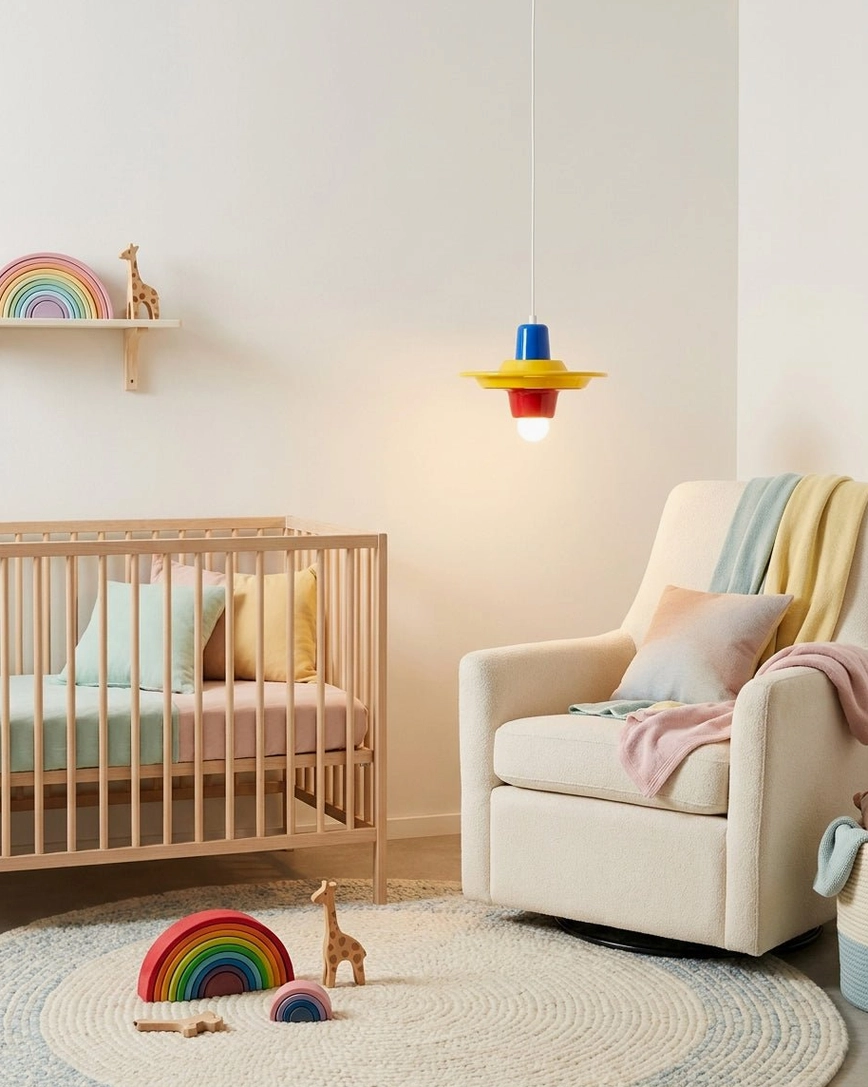 Bauhaus-inspired stacked saucer pendant in nursery bedroom, blue and red layers with soft ambient glow from exposed bulb