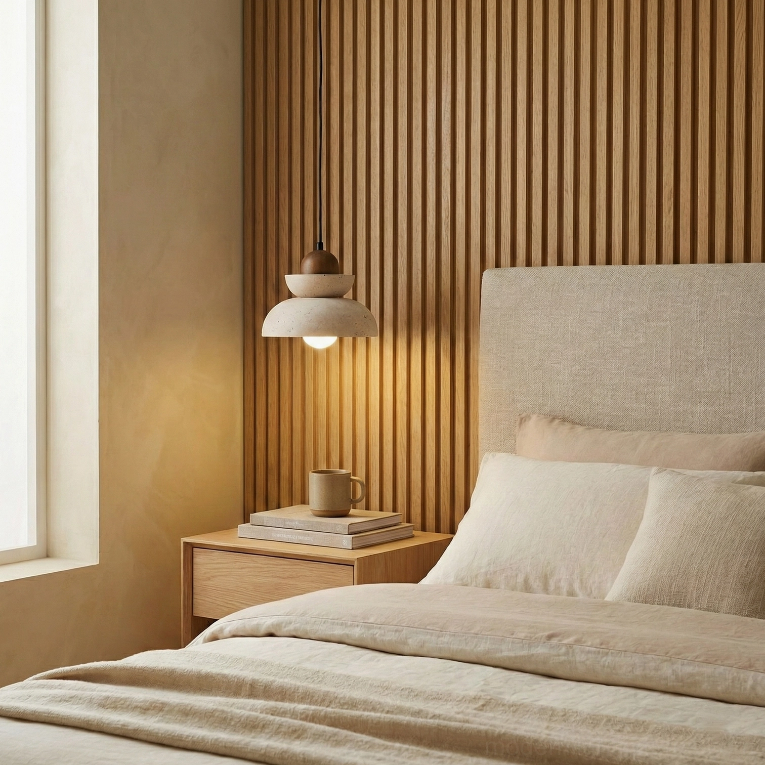 Modern minimalist pendant light featuring stacked travertine shades and metal suspension