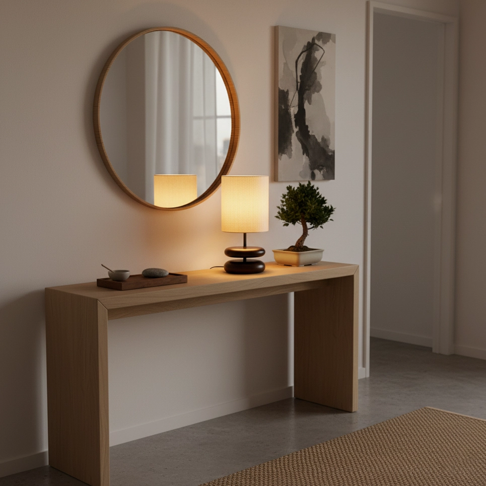 Stacked wood base lamp with beige drum shade in minimalist room setting