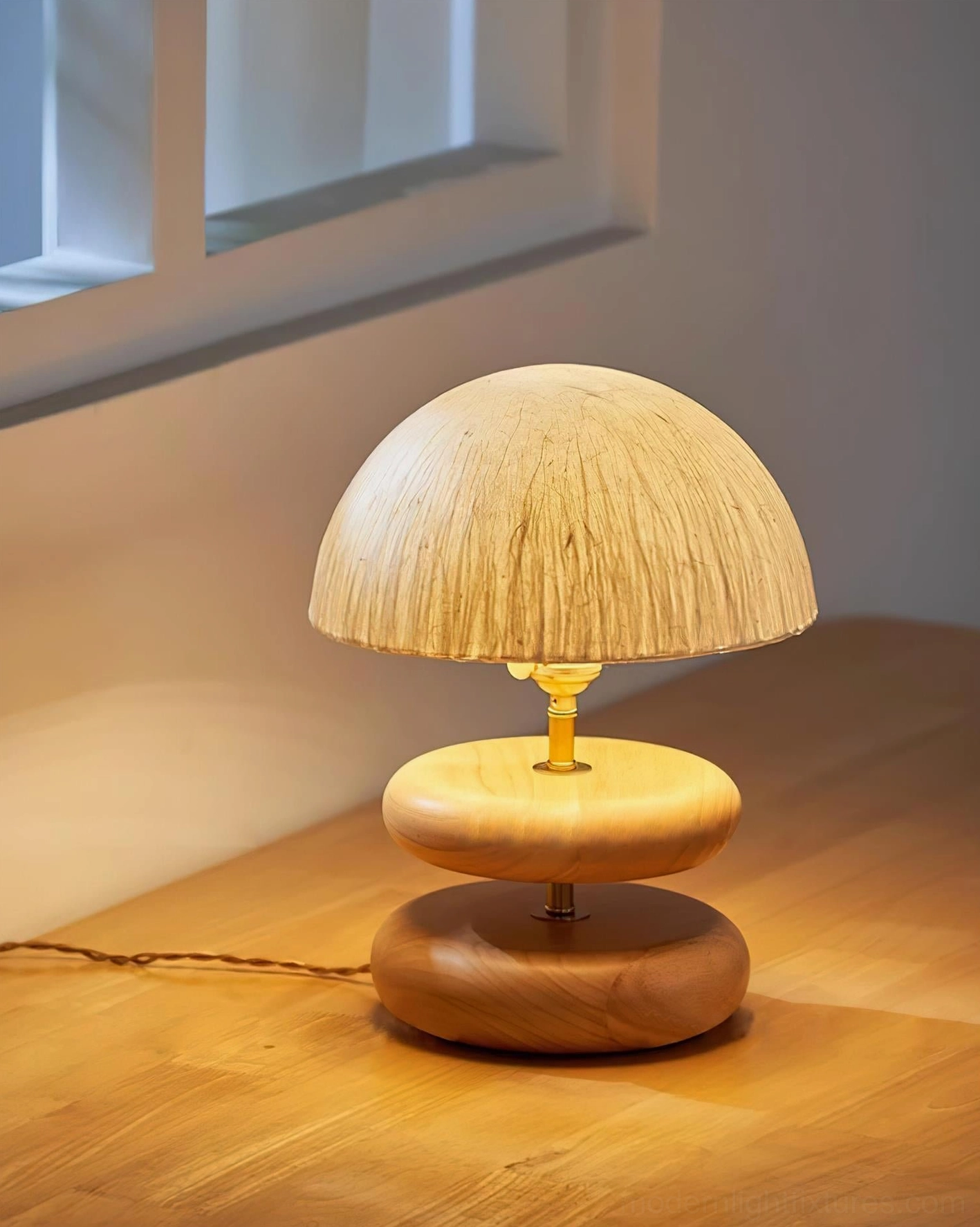Stacked wood ring minimalist table lamp modern Scandinavian design brass accents home office lighting
