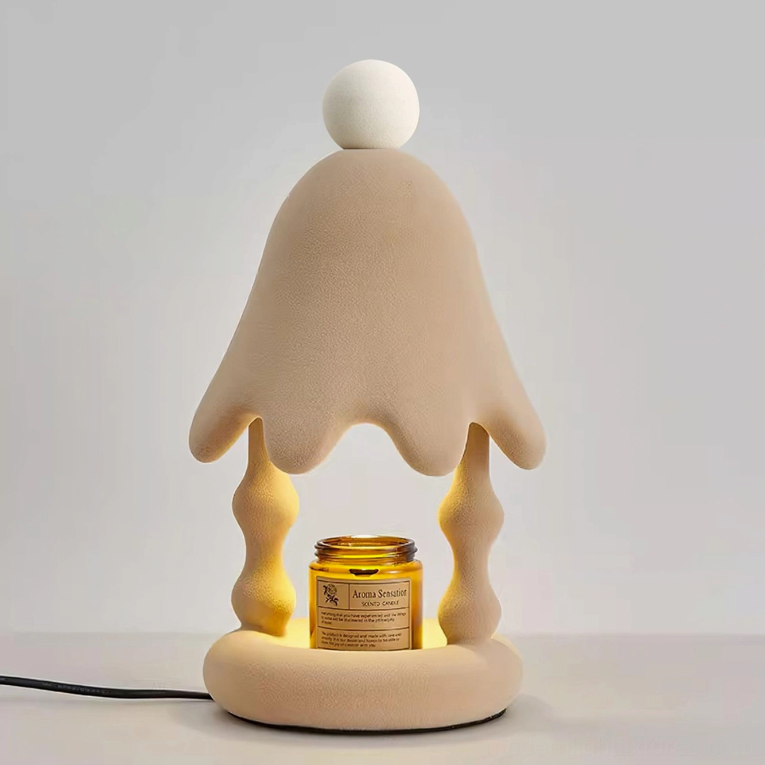 Stacy candle warmer lamp lifestyle photography showing integrated LED warm white 3000K ambient lighting effect at night