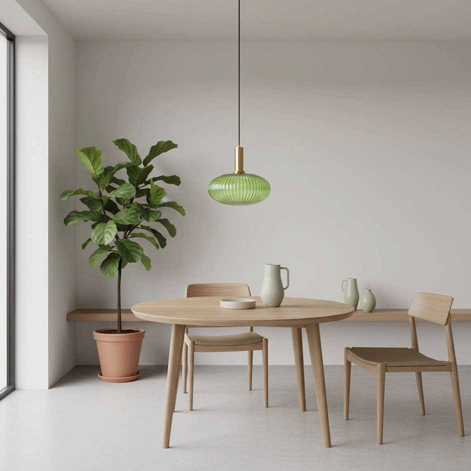 Staggered height installation of multiple ribbed glass pendant lights over round dining table contemporary design