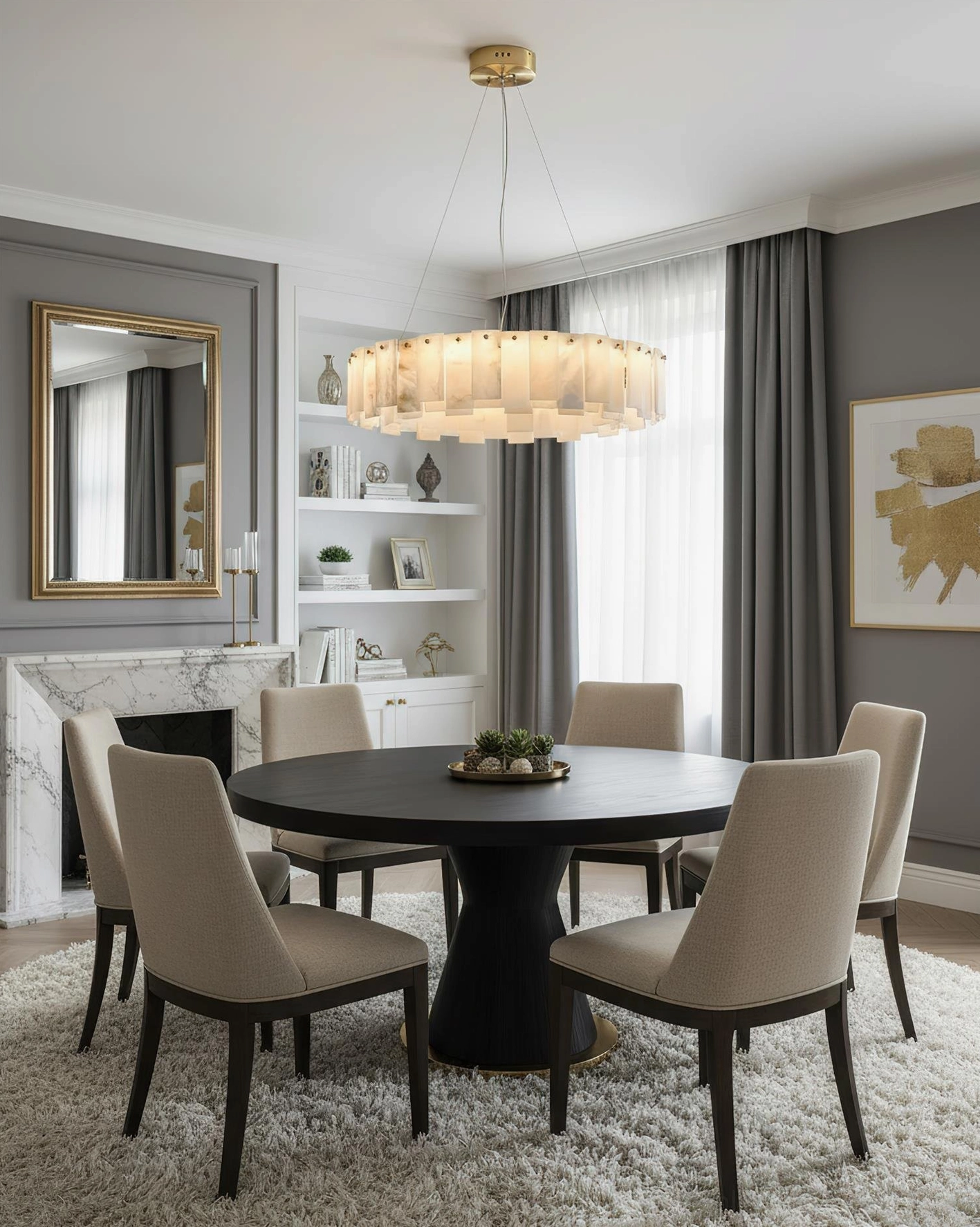 Architectural alabaster chandelier with staggered tiers creating geometric focal point in contemporary living space, natural stone pendant light with organic veining