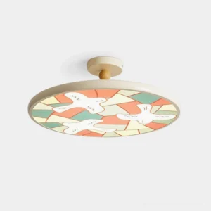 Modern stained glass bird ceiling light fixture with abstract doves in warm color blocks, front three-quarter studio view
