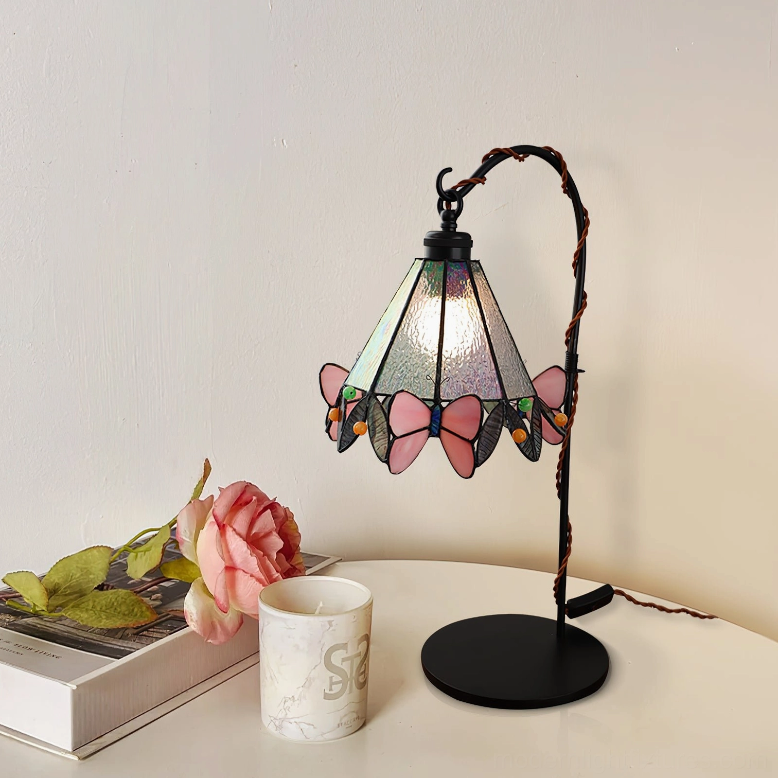 Stained glass butterfly table lamp full product shot showing scale and proportions