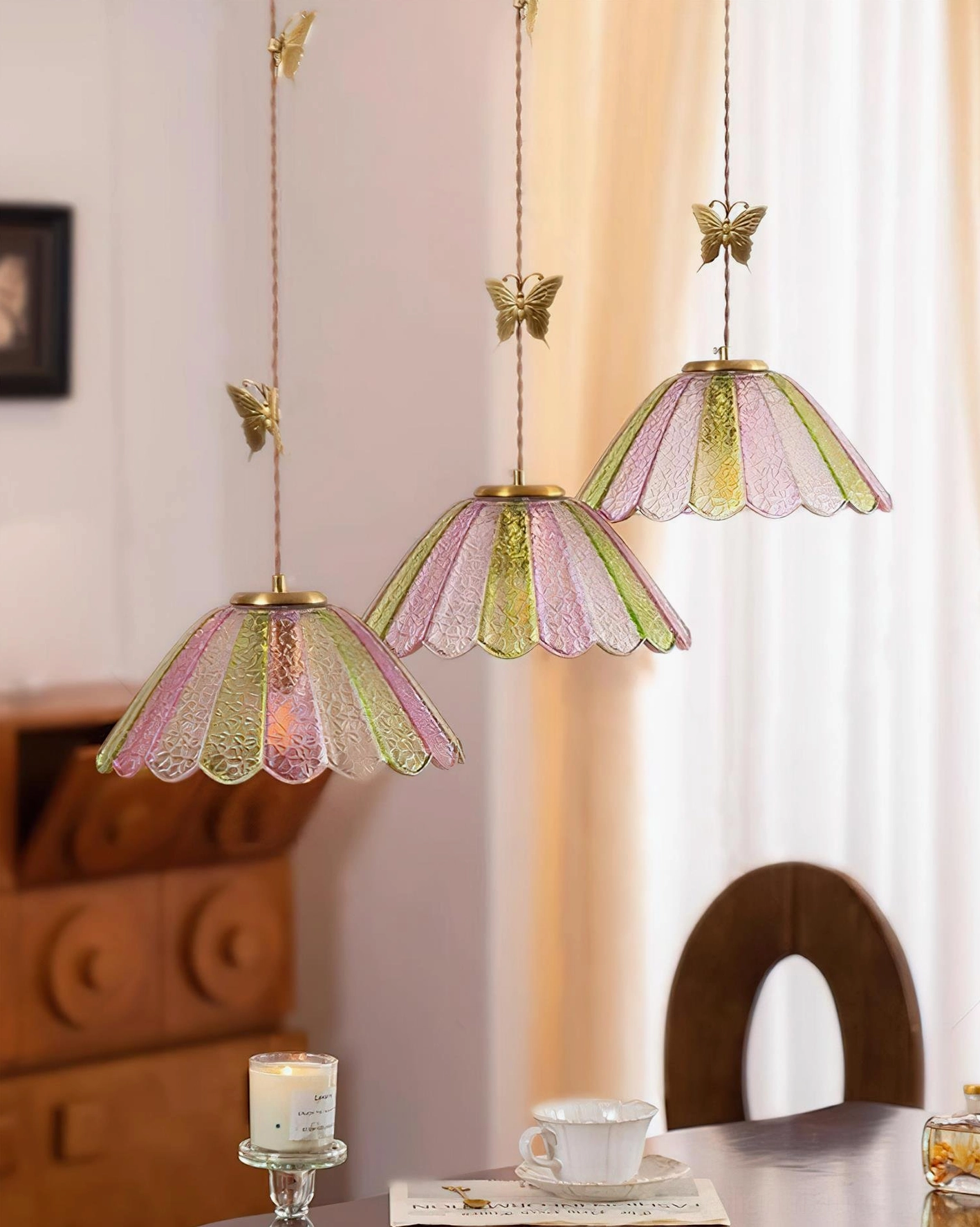 Stained glass butterfly pendant light close-up, artistic craftsmanship detail