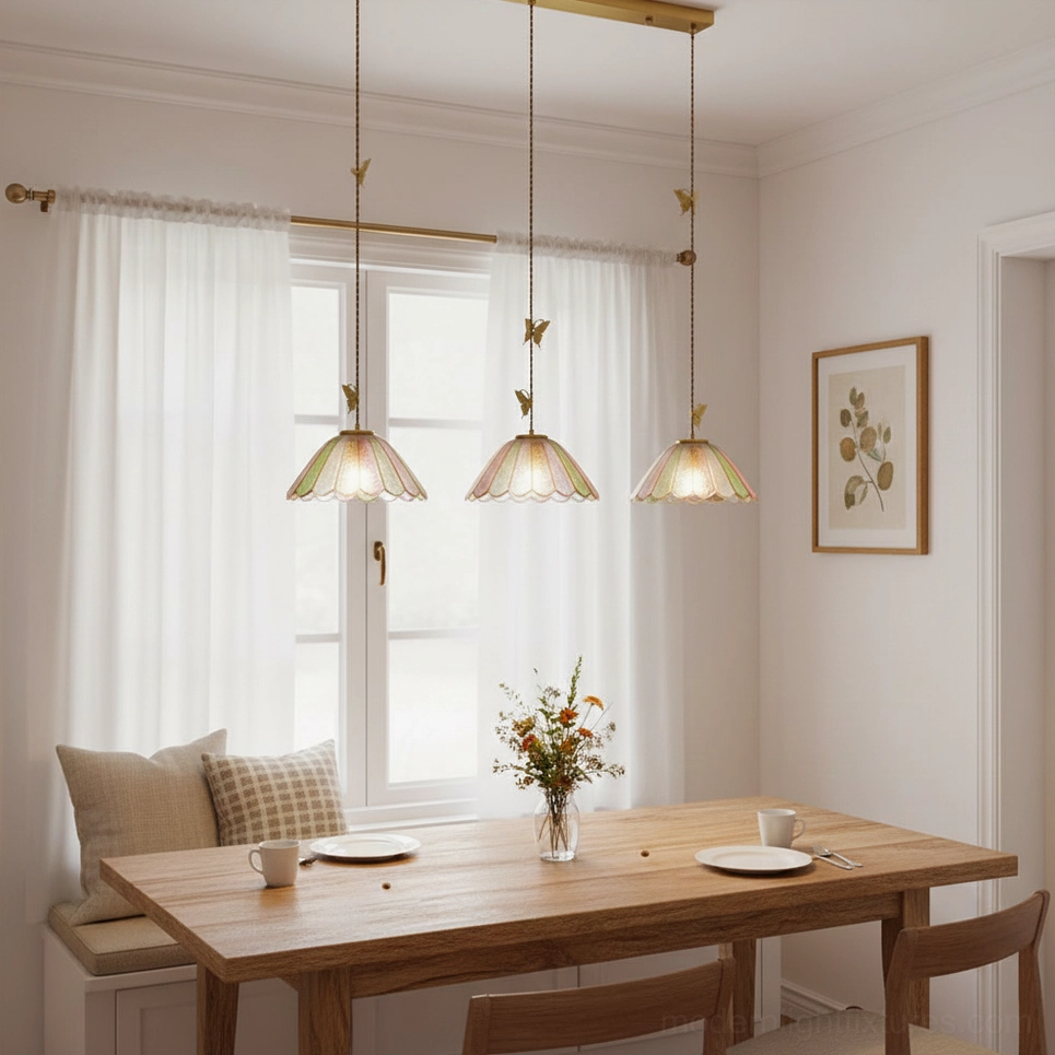 Vintage stained glass butterfly pendant light in contemporary dining space with warm ambiance