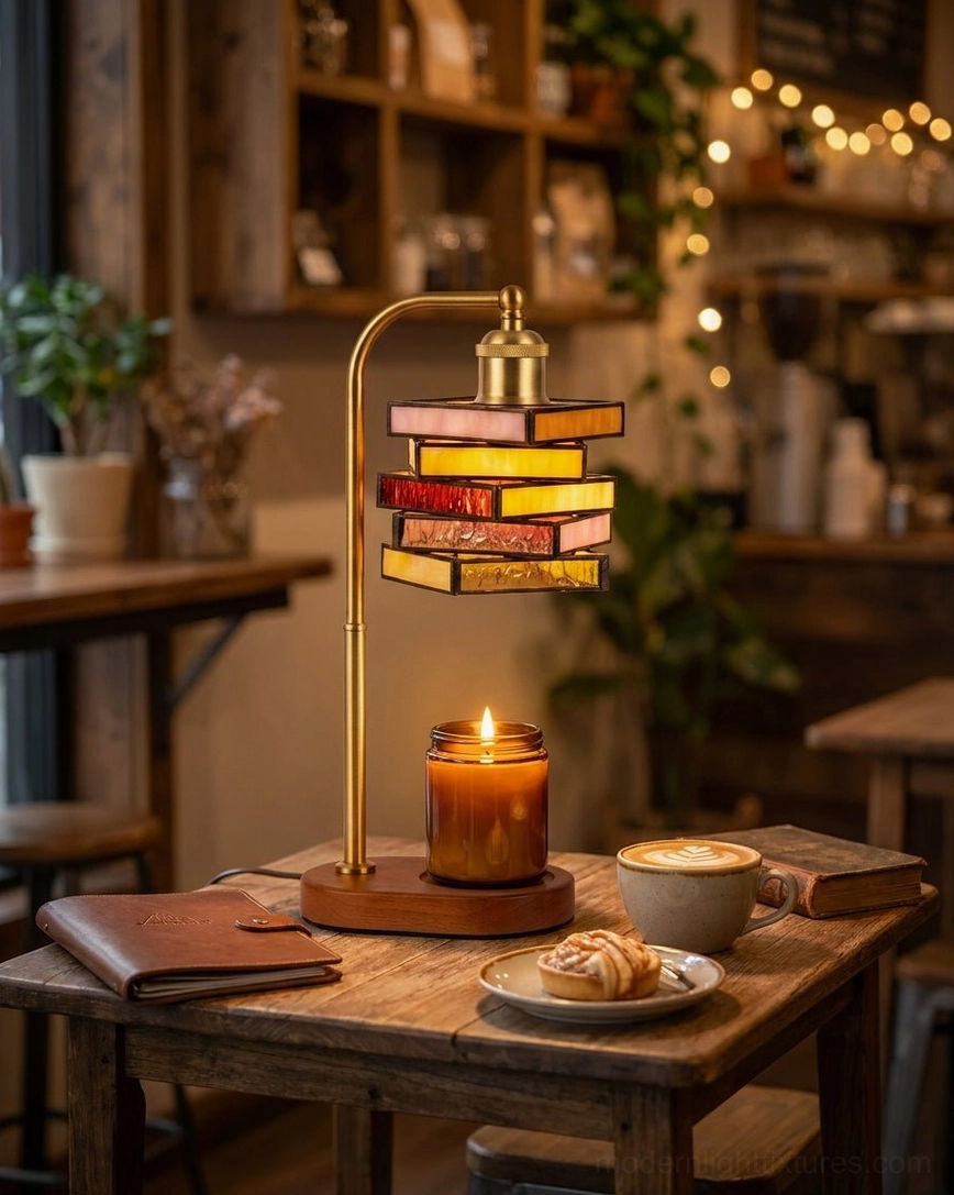 Flame-free candle warmer lamp in rustic coffee shop setting with warm string lights, lit candle and pastries, cozy cafe ambiance